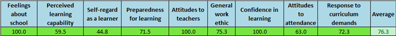 Data from the pupil's PASS report after interventions were made, now showing green scores across all 9 factors