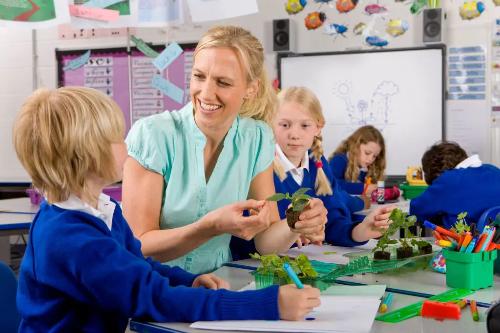 Teacher showing plant seedlings to students in a classroom.